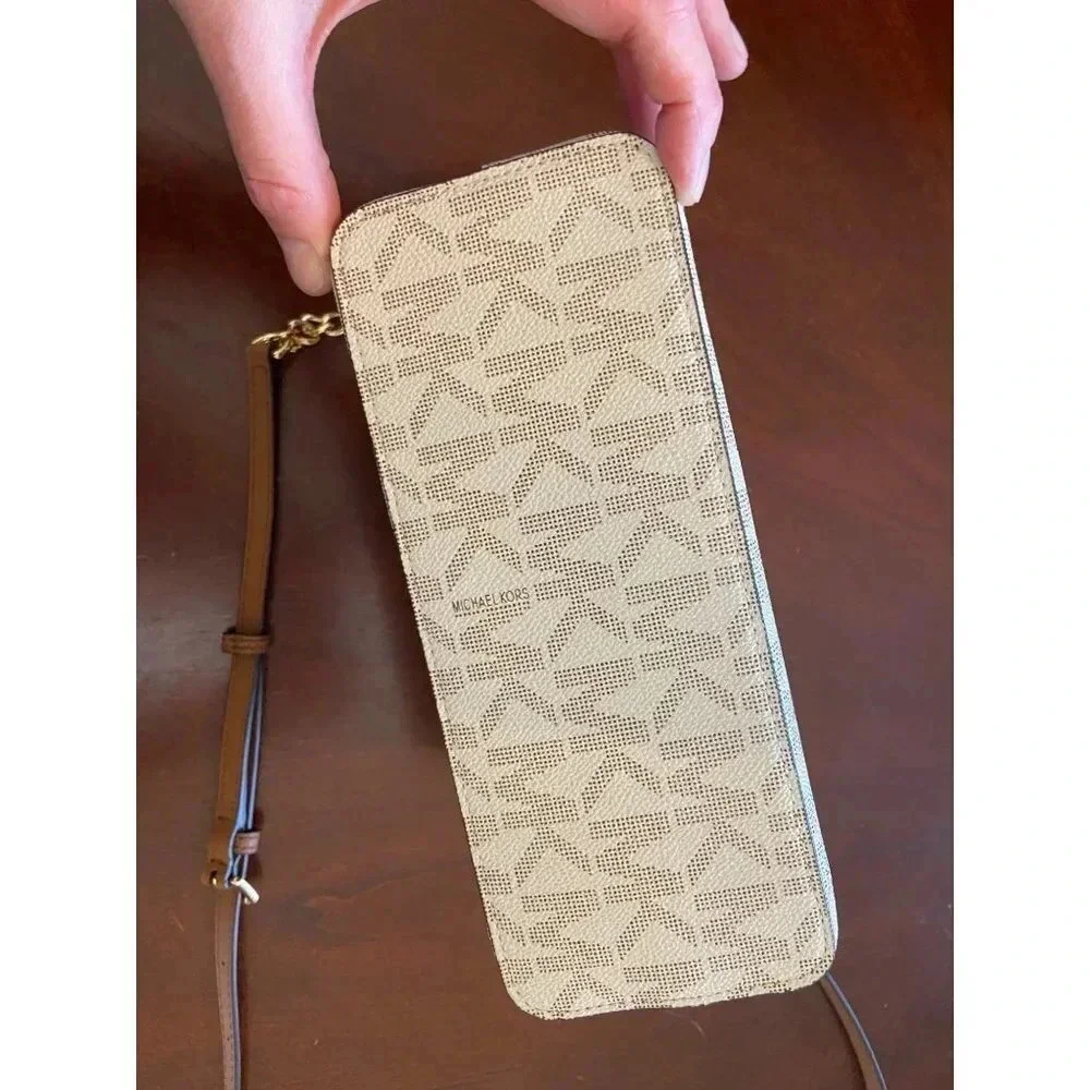Michael Kors Dome Crossbody Bag Signature Logo Brown Leather Strap Gold Details